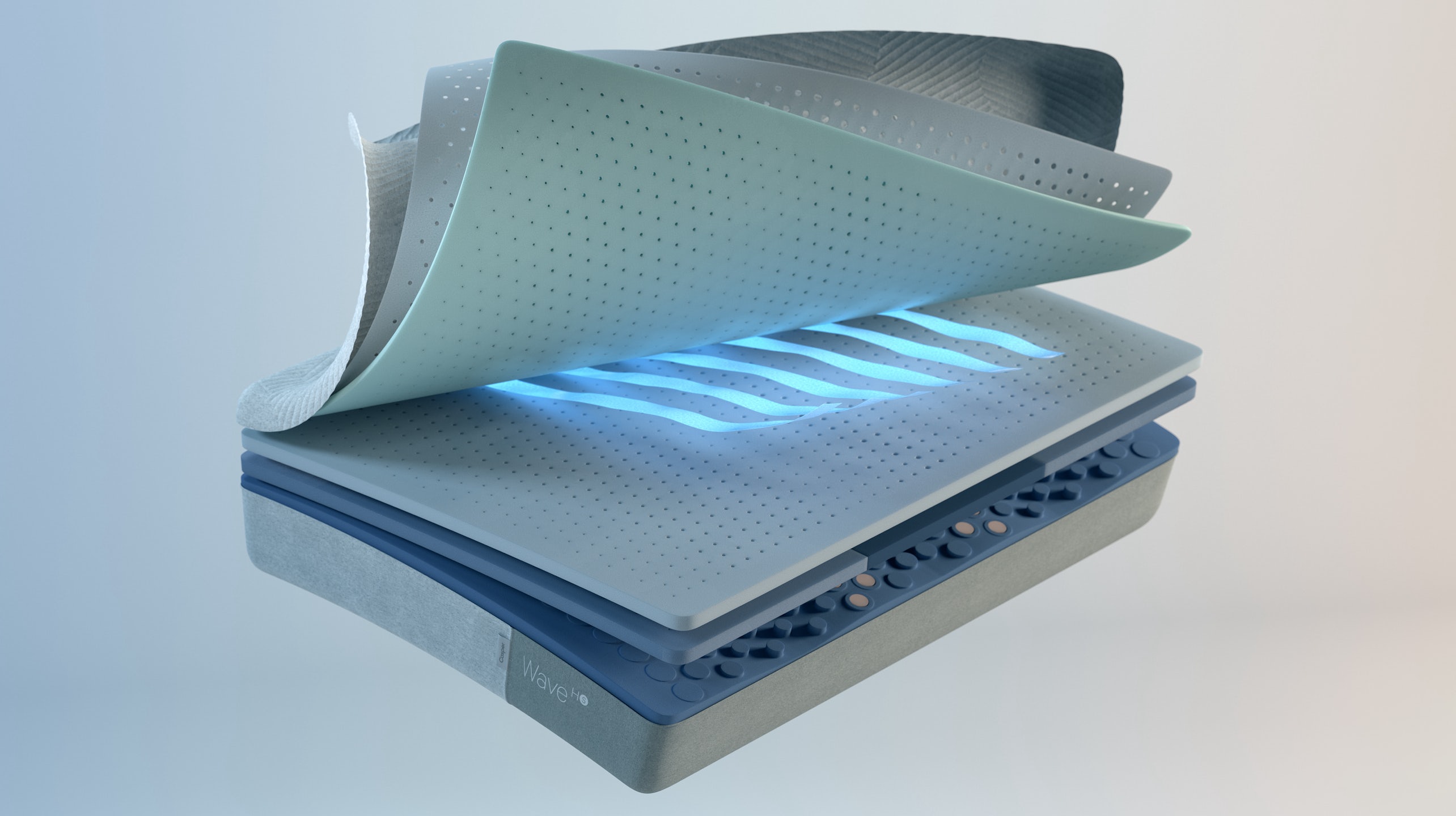 HeatDelete™ Bands are shown between the many layers of the Wave Snow Mattress. 