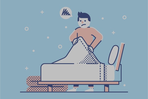 Illustration of man making bed with top sheet