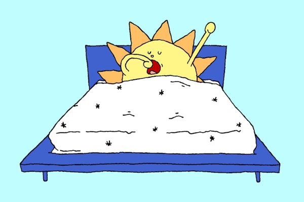Illustration of a sun yawning in bed