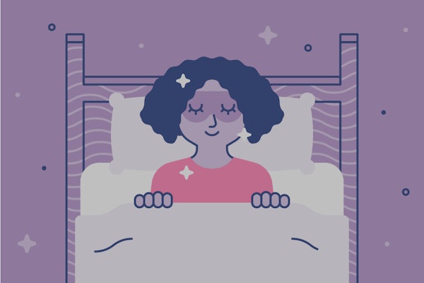 A person lays in bed with a sleep mask on. Illustration.